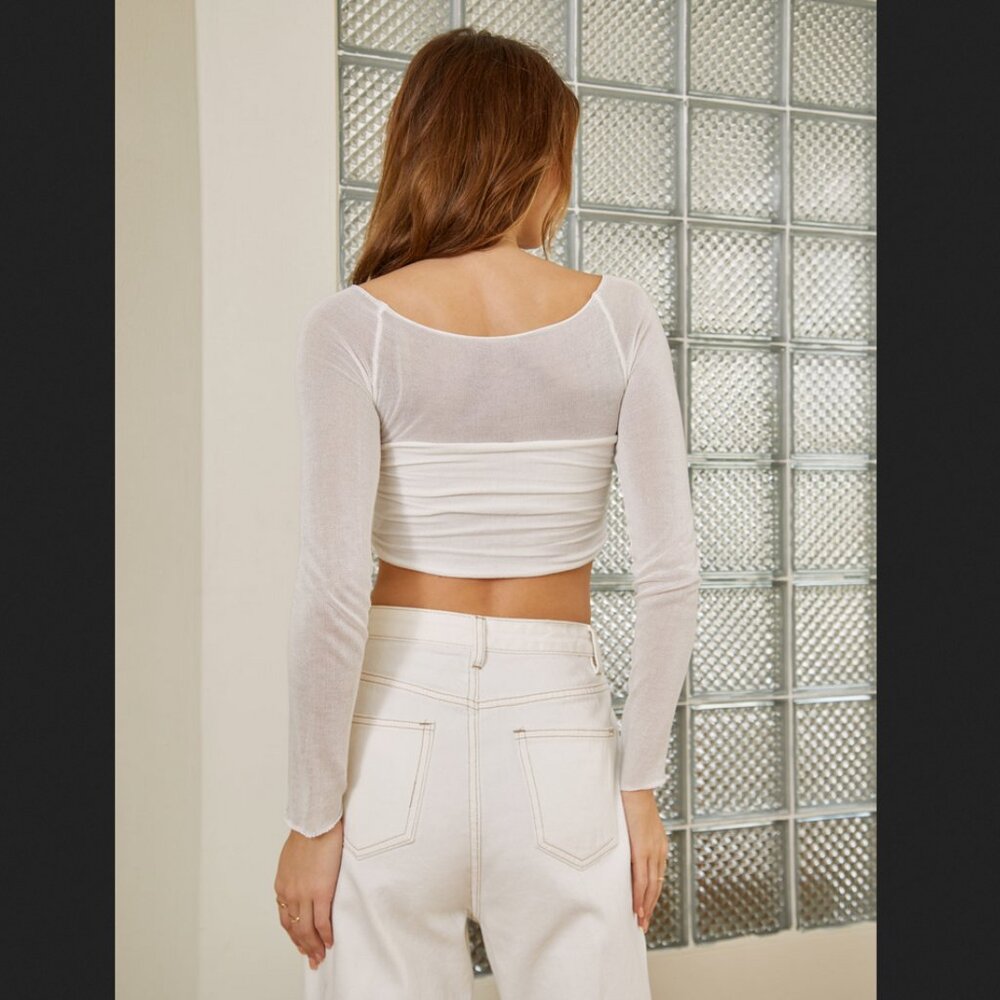Commense XS White Semi Sheer Off Shoulder Mesh Crop Tee T Shirt Minimalist NEW - Picture 2 of 2